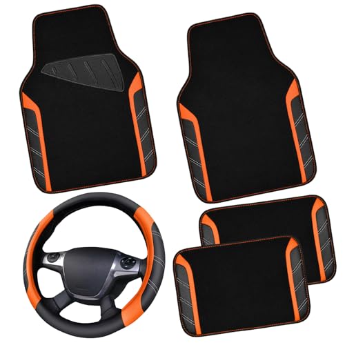 CAR PASS Leather Steering Wheel Cover and Waterproof Car Floor Mats,Microfiber Universal Car Combo Fit for 95% Sedan SUV Van Truck,14.5-15inch Sporty Anti-Slip Safety Comfortable Design, Black＆Orange - color: Black&Orange
