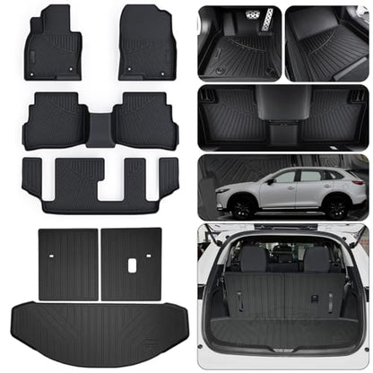 Floor Mats & Trunk Mat (Only Fit Sport Version) for 2016-2022 2023 Mazda CX-9 CX9 (7 Seats-2 Row Bench Seat),TPE All Weather Protection Floor Liners & Cargo Liners & Backrest Mat - size: 2016-2023 Cx9 Mats-7 Seats-sport