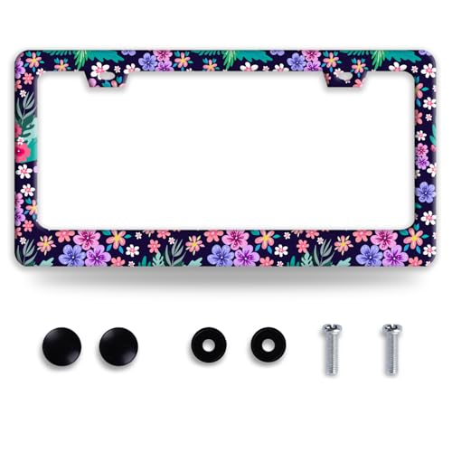 Bright Purple Floral Flowers License Plate Frame Stainless Steel Flower License Plate Holder Personalized Colorful Car Decorative Parts for Standard Us Canada Vehicles 12.3 x 6.3 Inch - color: Bright Pink Purple Floral Flowers