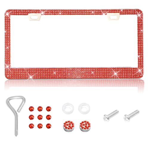 1 Pack Bling License Plate Frames, Bedazzled Sparkly Cute Water Diamond Stainless Steel，Car Accessories with Diamond Sparkle Glitter Caps，Suitable for Both Men and Women（Red） - color: Red, size: 1
