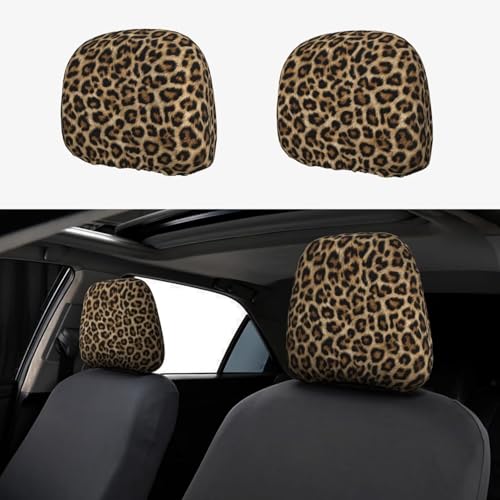 2PCS Soft Car Head Rest Cover Protector Leopard Universal Cars Seat Headrest Cover Cheetah Animal Reusable Headrest Cushion Case Auto Interior Decorative Accessories - color: Brown Leopard