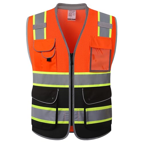 JKSafety 9 Pockets Hi-Vis Safety Vest High Visibility Reflecitive Mesh Safety Vests for Men and Women Cushioned Collar Work Utility PPE Work Gear ANSI/ISEA compliant Class 2 (101-OBlk M) - color: Jk101-orangeblack, size: Medium