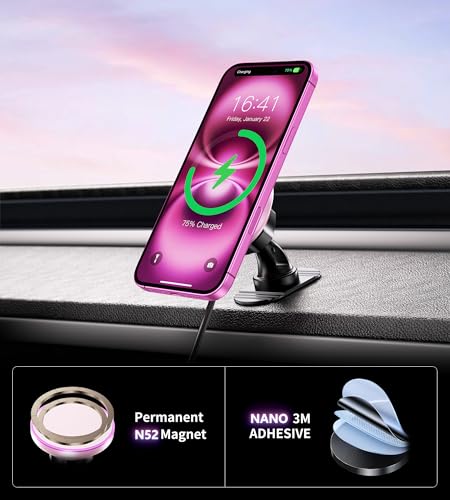 BHHB for Magsafe Car Mount Charger, [2026 Upgrade] 15W 2in1 Magnetic Wireless Car Charger, for Magsafe Car Charger, Vent/Dashboard Phone Holder, ONLY for iPhone 17 16 15 14 13 12 Series (Pink) - color: Pink