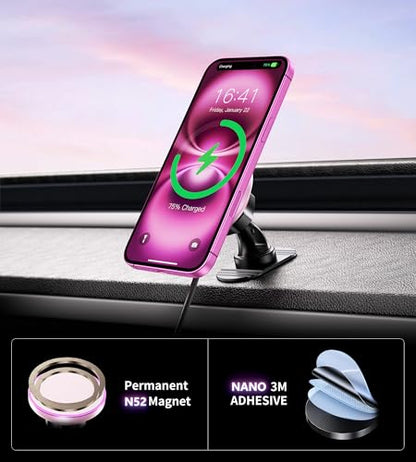 BHHB for Magsafe Car Mount Charger, [2026 Upgrade] 15W 2in1 Magnetic Wireless Car Charger, for Magsafe Car Charger, Vent/Dashboard Phone Holder, ONLY for iPhone 17 16 15 14 13 12 Series (Pink) - color: Pink