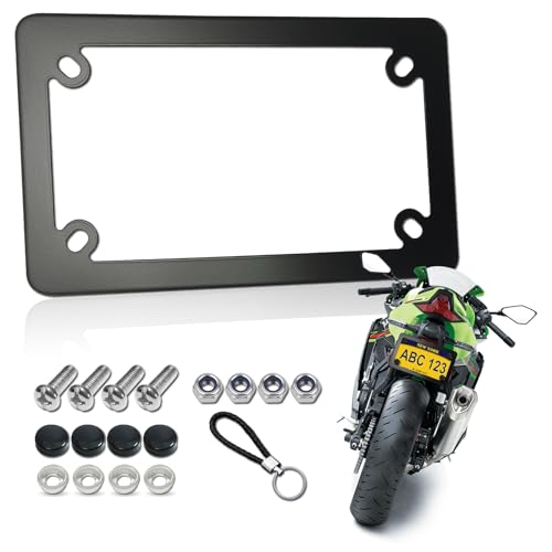 FBJTDQ Motorcycle License Plate Frame- Black Matte Stainless Steel Bike Tag Plate Holder, 4 Holes Heavy-Duty Metal Bracket 1 Pack, with Mounting Hardware Screws Nuts Caps - color: Black