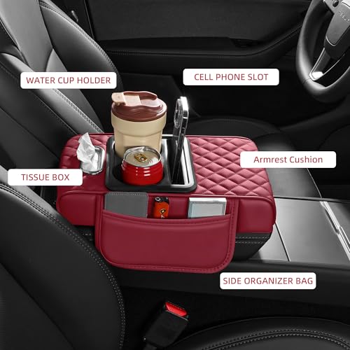 5 in 1 Car Center Console Cover, Armrest Pad with 2 Storage Pockets, Cup Holder, Tissue Box Slot, Phone Holder, Universal Car Interior Organizer (Burgundy) - color: Burgundy