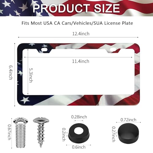 Patriotic American Flag License Plate Frame Holder - 2 Pack Universal Quality Metal Aluminum Matte Stripe US Flag Gloss Car Plate Frame Covers with 2 Holes and Free Screws Fasteners Caps - color: Matte American flag Narrow side B