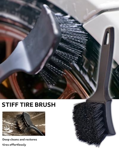 PRO Choice 4 Pack Long Handle Wheel Brush Kit for Cleaning Wheel and Tire- 2X Soft Wheel Cleaning Brush, Detailing Brush and Stiff Tire Brush - color: Grey & White