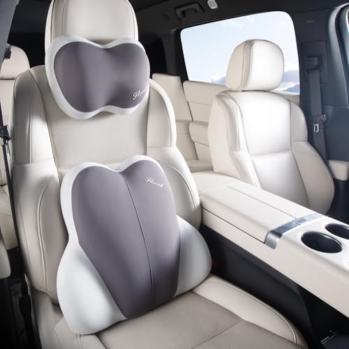 FLORICH Lumbar Support with Car headrest Back Pillow for Chairs Headrest Pillow for Car Ergonomic Ultrathick Memory Foam Back Pillow for Office Chair (Beige Grey) - color: Beige Grey, size: Lumbar+headrest