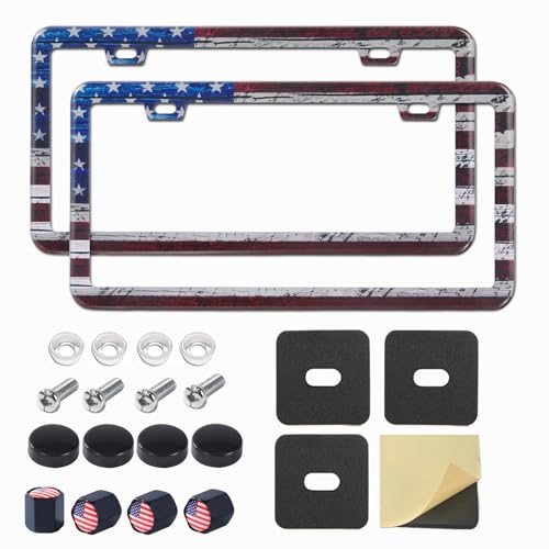 American Flag License Plate Frame, Premium Fashion Matte Aluminum Holder with 2 Holes, 2 Pcs US Flag Universal Car Frame Waterproof Rust-Proof, Including Screws, Caps and Rattle Proof Pads - color: US Flag