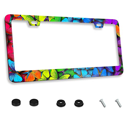 Rainbow Butterflies License Plate Frame Stainless Steels Butterfly Car Tag Holder Frames with 2 Holes and Screws 12 x 6 Inch Decoration for US Vehicles Standard for Women Men - color: Rainbow Butterflies
