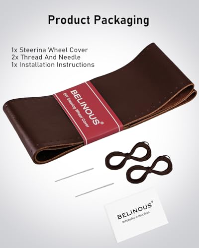 BELINOUS Leather Steering Wheel Cover Lace Up, Stitch on Steering Wheel Wrap, Universal Fit 13-20 Inch Car Truck Pickup Boat, A Whole Piece of Cowhide, DIY w/Needle Thread (Size M0, Coffee) - color: Coffee, size: M0
