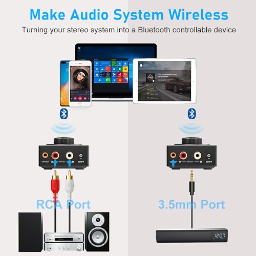 YMOO B06T3 Bluetooth 5.3 Receiver, 100ft RCA Bluetooth Audio Adapter for 3.5mm Jack AUX HiFi Home Stereo/Speaker from Smartphone/Tablet/Laptop, Dual Link for Two Speakers, SBC AAC Audio - color: Black