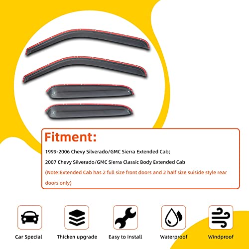 Window Visor Rain Guards Compatible with 1999-2006 Chevy Silverado/GMC Sierra 1500/2500/3500/2500HD, 2007 Classic Body Extended Cab Window Deflectors Vent Visor Shades for Trucks Tape-On - size: for 1999-2006 Chevy/GMC Extended Cab
