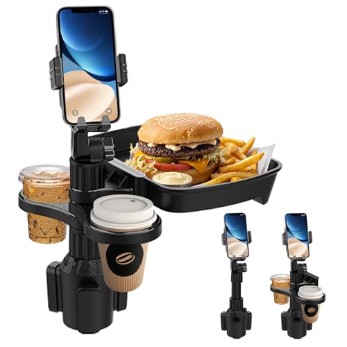 Car Cup Holder Tray - 4 in 1 Adjustable Car Cup Holder Expander with Food Tray Table and Phone Mount 360° Swivel for All Purpose, Automotive Essentials for Driver and Front Passenger