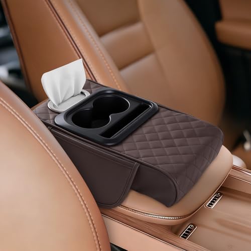 5-in-1 Car Armrest Cushion with Storage, Memory Foam Center Console Organizer W/Cup Holders, Tissue Holder & Phone Slot, Leather Car Armrest Cover Pad, Universal for Cars SUVs Trucks, Brown - color: Brown