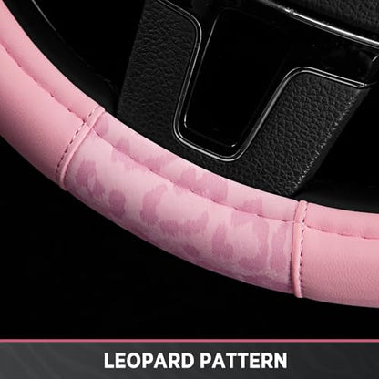 Road Comforts Steering Wheel Cover - Made with PVC Leather and Leopard Fabric - Universal 14 1/2 inches to 15 inches for Most Automotive Steering Wheel - Cheetah Print - All Pink - color: Round-All Pink
