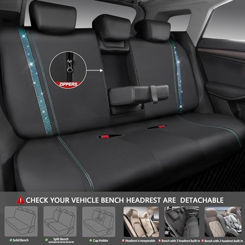 CAR PASS Bling Car Seat Covers Full Set, Shining Rhinestone Diamond Waterproof Faux Leather Universal Fit 95% Automotive Glitter Crystal Sparkle Strips for Cute Women Girl, Full Set (Mint Diamond) - color: Mint Diamond, size: Full Set