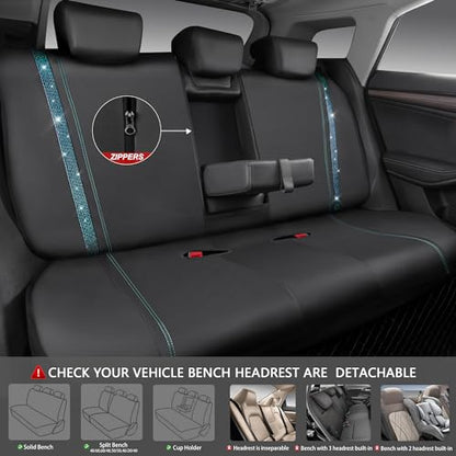 CAR PASS Bling Car Seat Covers Full Set, Shining Rhinestone Diamond Waterproof Faux Leather Universal Fit 95% Automotive Glitter Crystal Sparkle Strips for Cute Women Girl, Full Set (Mint Diamond) - color: Mint Diamond, size: Full Set