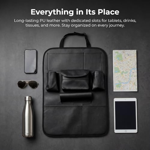 2 Pack PU Leather Premium Car SeatBack Organizer Travel Accessories Kick mats Back seat Protector and Cup Holder Holder Universal Use Seat Covers (23×17 in) - size: 22” x 17”inch