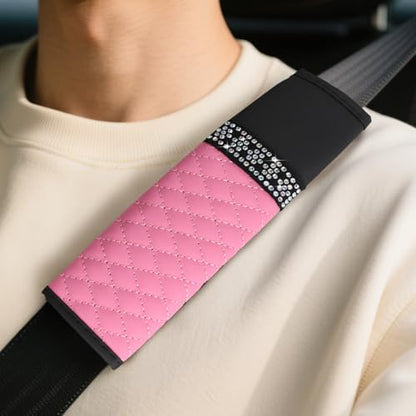 wuyaoyao 2PCS Bling Car Seat Belt Cover Pad, Breathable Leather Seatbelt Covers for Cars, Soft Comfortable Seatbelt Shoulder Strap Covers, Rhinestone Auto Seat Belt Protector Cushion (Pink) - color: Pink