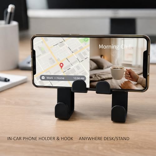2-in-1 Universal Car Headrest Hook with Integrated Phone Holder | 360° Rotation Seat Back Hanger for Bags, Purses & Groceries | Durable ABS Plastic Car Organizer & Tablet Mount (Pack of 2 - Black)