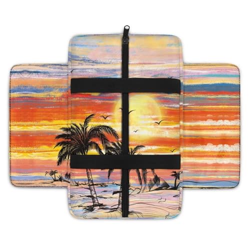 Coconut Tree Console Cover for Most Vehicles Armrest Cover Sunset Print 300D Polyester Fabric Arm Rest Pad with Pockets Middle Console Lid for Most Car Center Consoles - color: Coconut Tree Sunset