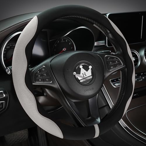 HighnessHwoo Luxury Suede Steering Wheel Cover for Cars, Soft Leather Padded Wheels Cover for F150, Trucks, Jeep, Van, Auto Thin Large Car Handle Cover, Universal Fit, Anti Slip, 15.2-16in, Gray - color: Gray+Black, size: Large Size[15.2-16"](38.6-40.5cm)
