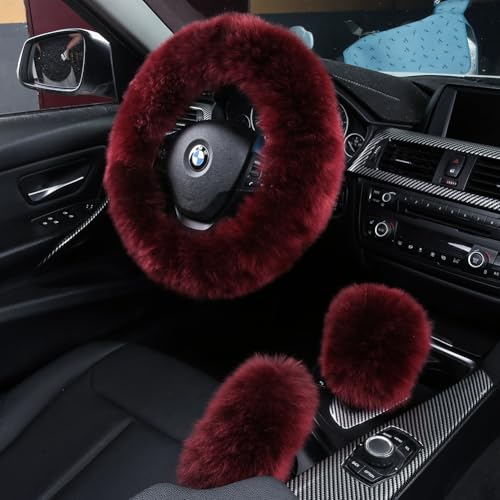 3Pcs Set Fashion Fluffy Fuzzy Wool Fur Soft Car Steering Wheel Cover with Handbrake Cover & Gear Shift Cover for Women/Girls/Ladies Auto Long Wool Accessories, Dark Red - color: Dark Red, size: Long Wool