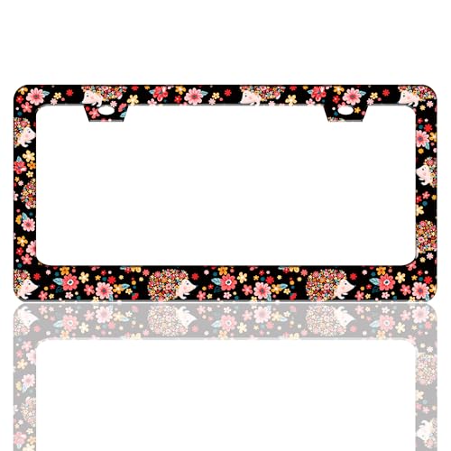 Cute Hedgehog License Plate Frame Colorful Flowers Animal Stainless Steel License Plate Holder for Front and Rear Car Tags Funny for Car Decoration Accessories with Screws 6.3 X 12.2 in for Women Men - color: Cute Hedgehog