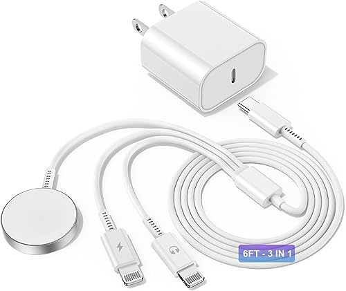 Upgraded USB C Charger for Apple Watch, 3 in 1 Phone and iWatch Magnetic Fast Charging Cable 6FT with USB-C Wall Charger, Compatible with Apple Watch Series 10/9/8/7/6/SE/5/4, for iPhone 14/13/12 - color: white, size: 6FT 3 in 1 (Watch+L+L)