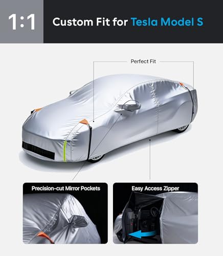 Wigoo Tesla Model S Car Cover Accessories 2012-2026, Custom Fit Waterproof All Weather Outdoor Full Car Cover, Windproof UV Rain Snow Dust Protection, Door Zipper, Charging Port, Ventilated Mesh - size: for Model S (2012-2026)