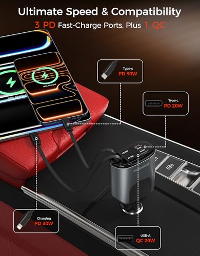 Retractable Car Charger, 100W Car Phone Charger with Cables Fast Charging,Cigarette Lighter USB Charger for iPhone 17 16 15 14 13 12 11 Galaxy Pixel,Travel Essentials Car Accessories Gifts for Him Her