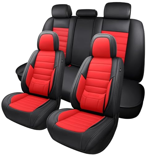 MINGBRON Car Seat Covers Full Set,Black White Car Seat Cover, Car Seat Protector Waterproof, Nappa Leather Car Seat Cushion Fit for Most Cars Red - color: Black Red, size: Full Set