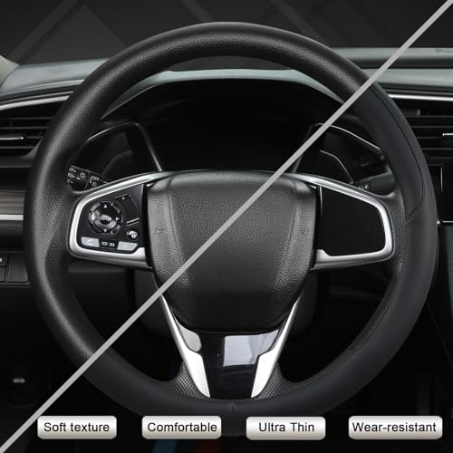 West Llama Thin Car Steering Wheel Cover, Universal 14.5-15 inch Nappa Leather Steering Wheel Cover, Ultra Thin, Anti-Slip, Breathable(Black-Standard Size) - color: D-Thin-Black, size: Standard size (14 ½''-15'')