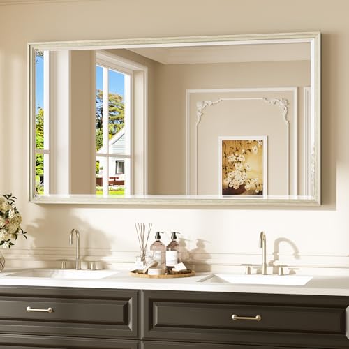 Keonjinn 55" x 30" Brushed Nickel Bathroom Mirrors for Over Sink, Tempered Glass with Beveled Edge, Aluminum Alloy Metal Frame, Scratch Resistant, Silver Bathroom Vanity Mirror(Vertical/Horizontal) - color: Brushed Nickel, size: 30"L x 55"W