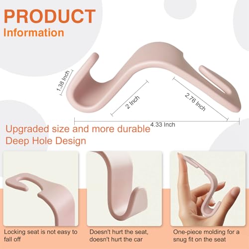 Car Seat Hooks & Purse Holder - 4 Pack Boxed,55 lb Heavy Duty,Eco PP Car Hooks for Purse/Bag/Baby Gear/Gym Bag/Groceries/Cup/,Fits 0.32-0.55”Car Headrest Rods (Pink) - color: Pink