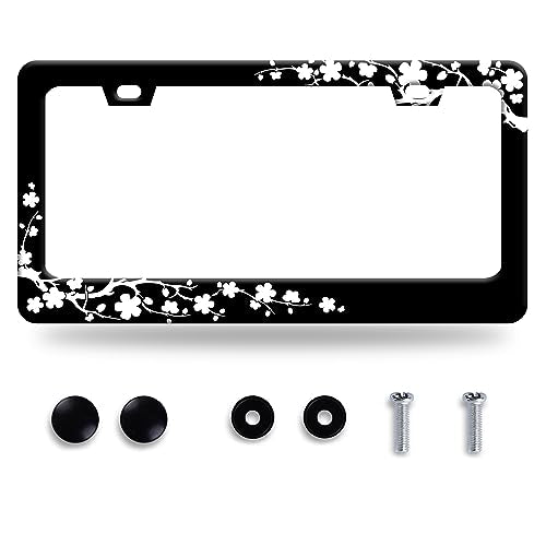 Plum Blossom Flower License Plate Frame Beautiful Floral License Plate Stainless Steel Auto Parts Funny License Plate Decorative with Screws Size 12.3" x 6.3" - color: Plum blossom