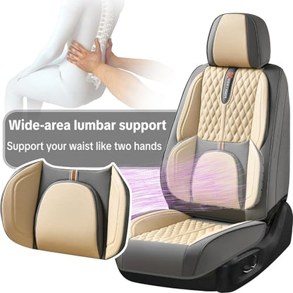 Khaki Car Seat Cover Complete Set, Universal Car Seat Cover for Car with Lumbar Support, Premium Artificial Leather, Waterproof and Easy to Clean, Airbag Compatible, Seat Heating Compatible - color: Khaki