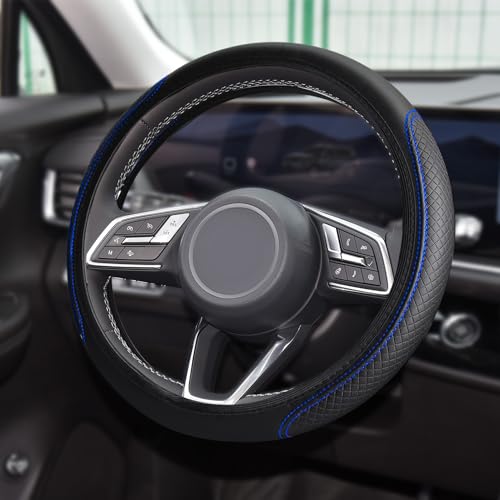Car Steering Wheel Cover, Universal 14.5-15 Inch Black Leather Steering Wheel Wrap with Better Sport Grip for Men Women, Anti-Slip Breathable Car Interior Accessories for Most Vehicles (Black blue2) - color: Black blue2