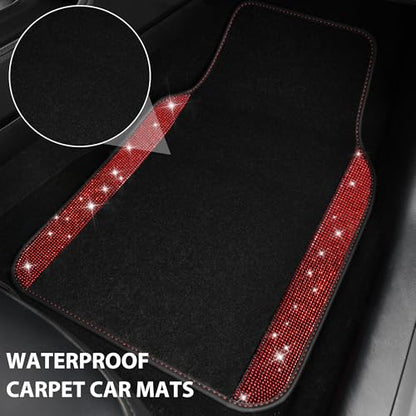 CAR PASS Bling Diamond Car Floor Mats, Shining Rhinestone Carpet Sparkly Glitter Crystal with Anti-Slip PVC Heel Pad Waterproof Universal Fit Automotive SUV,Sedan,Van,Cute Girl Women,4pcs Black Red - color: Red Diamond