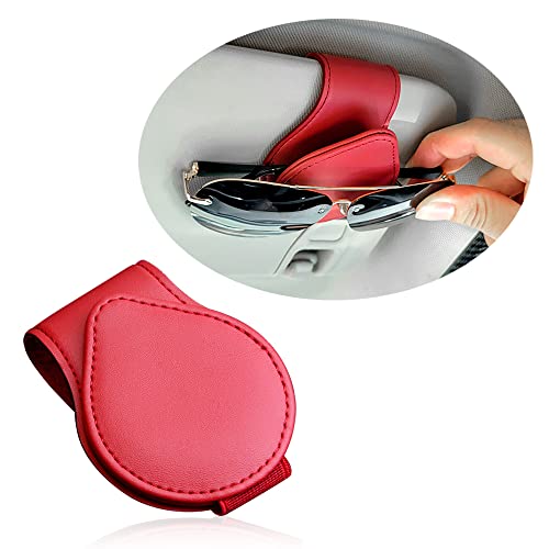 OFBAND Magnetic Sunglass Holder for Car Visor,PU Leather Car Sunglass Holder Organizes Glasses Tickets Cards & Keeps Car Tidy,Universal Car Accessories Interior (Red) - color: Red