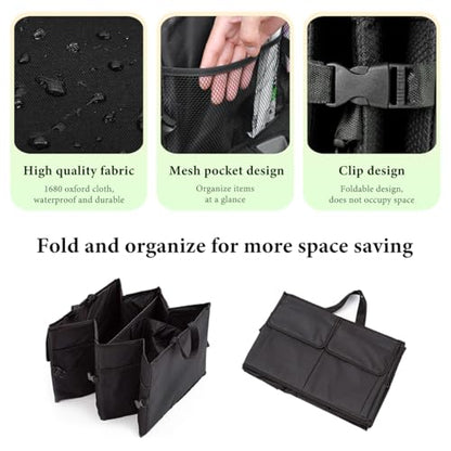 Car Trunk Backseat Organizer, Multi-Compartment Collapsible Trunk Organizer with Net Pockets, Waterproof Oxford Cloth Trunk Storage Box Cargo Container for SUV Car Truck