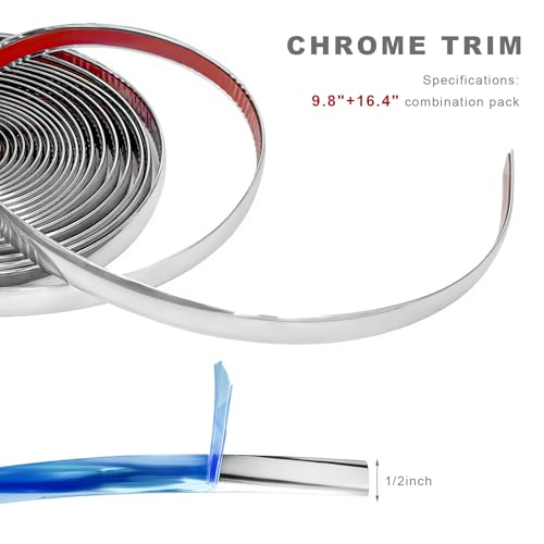 26FT Automotive Chrome Trim Molding, 1/2" (12mm) Wide Car Body Side Decorative Strip, Scratch-Proof Molding Trim Universal Self Adhesive Decoration for Bumper Window Door