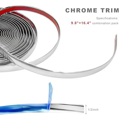 26FT Automotive Chrome Trim Molding, 1/2" (12mm) Wide Car Body Side Decorative Strip, Scratch-Proof Molding Trim Universal Self Adhesive Decoration for Bumper Window Door