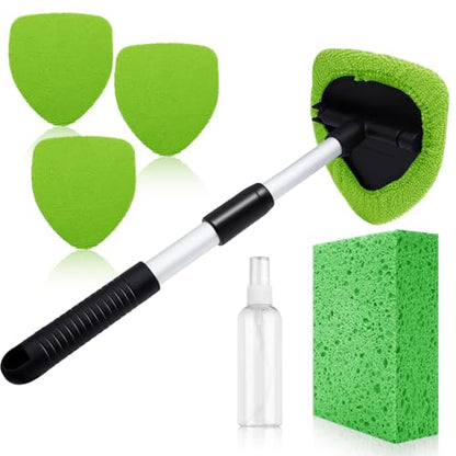 Windshield Cleaner Tool 22.5" L - Car Interior&Exterior Window Cleaning Kit with Extendable Handle&4 Microfiber Pads and Thick Large Wash Sponge, Auto Glass Wiper Brush Kit for Cars Home (7pcs Green) - color: Green
