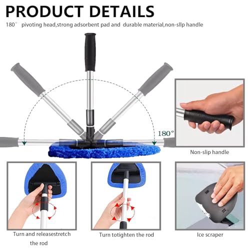 Car Windshield Cleaning Tools, Expandable Car Window Cleaner kit with 4 Reusable Microfiber Pads, 2 Spray Bottles, Windshield Cleaning Wand Tool, Auto Interior Dust Brush, for Trucks, SUVs, RVs etc - color: blue