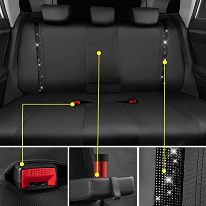 CAR PASS Leather Bling Diamond Car Seat Covers Full Set, Shining Rhinestone Waterproof Durable Rear with Zipper, Universal Fit Automotive Glitter Crystal Sparkle Strip for Cute Women Girly Black - color: Black Diamond, size: Full Set
