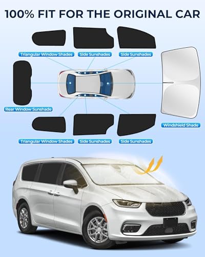 Car Window Shades for Chrysler Pacifica/Pacifica Hybrid 2017-2025, 8pcs Privacy Sun Shade Set for Front Windshield Side and Rear Windows, Full Window Covers Keeps Vehicle Cool for Camping Napping - size: fit for Chrysler Pacifica/Pacifica Hybrid 17-25