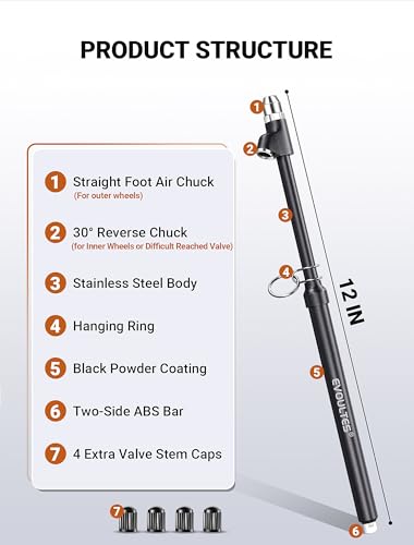 EVOULTES Heavy Duty Tire Pressure Gauge, Straight-On Dual Head Air Pressure Gauge Range 10-150 PSI, Air Gauge & 4 Valve Caps, Semi Truck Tire Gauge for Truck, RV, Car